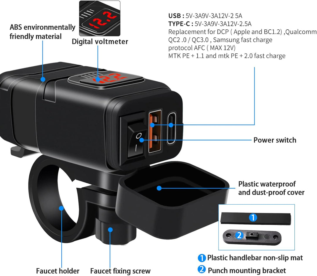 Schwarz Motorradzubehör: Duales USB-C/USB-A Schnellladegerät mit digitalem Voltmeter-Display.