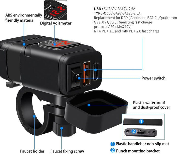 Schwarz Motorradzubehör: Duales USB-C/USB-A Schnellladegerät mit digitalem Voltmeter-Display.