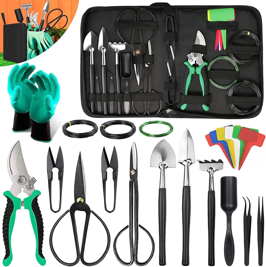 24-teiliges Bonsai Pflegeset mit hochwertigen Hochleistungs-Stahlwerkzeugen in eleganter PU-Leder-Werkzeugtasche.