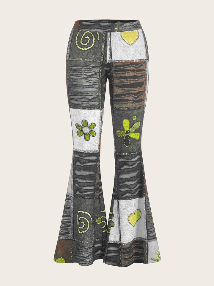 Figurschmeichelnde Damen Bootcut-Hose mit farbenfrohem abstraktem Design. Ideal für moderne Damenmode.