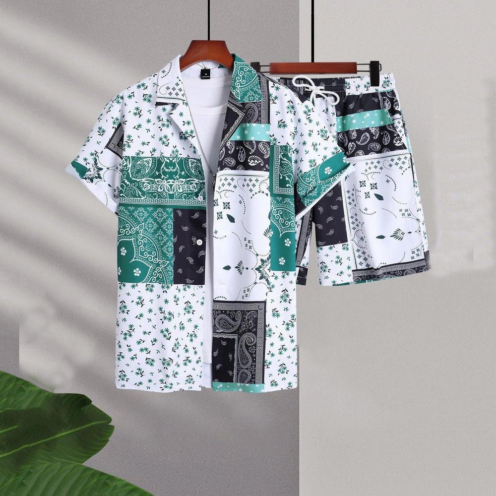 Stilvolles Herren Kurzarm-Set: Gemusterter Cardigan & passende Shorts. Moderner Freizeit-Look für Männer.
