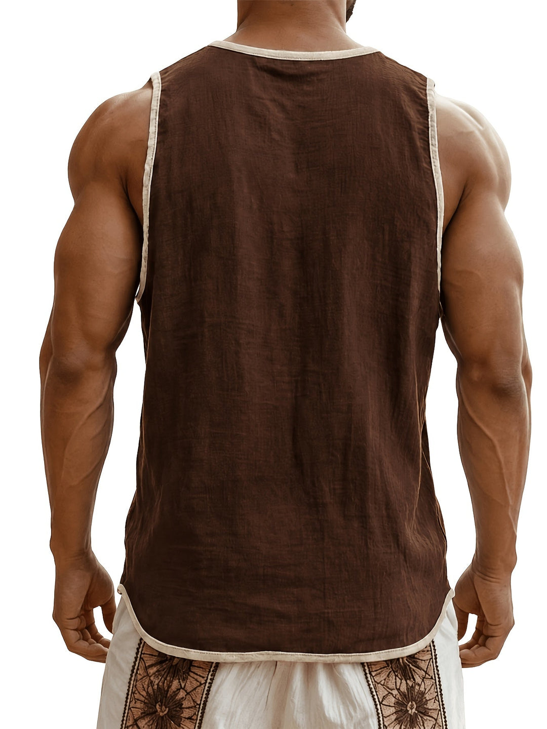 Seitenansicht: entspanntes Herren Tank Top mit Henley-Kragen, ideal für den Sommerurlaub.