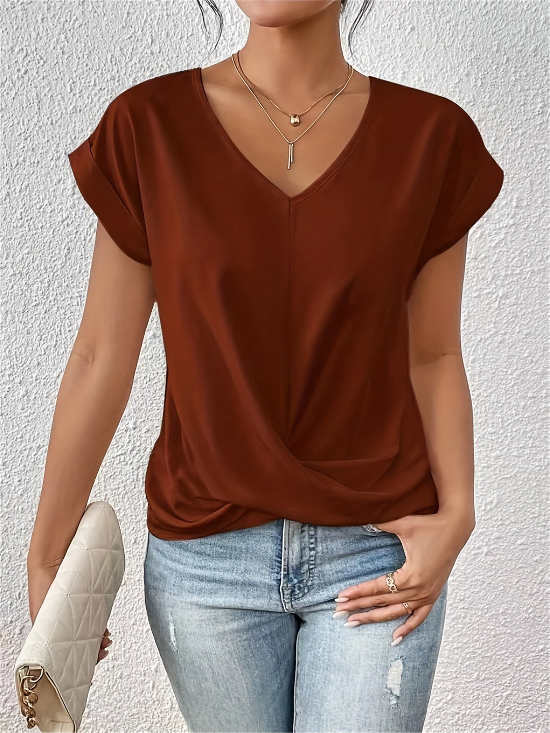 Modische Wickelbluse für Damen, V-Ausschnitt, ideal für Business und Freizeit.