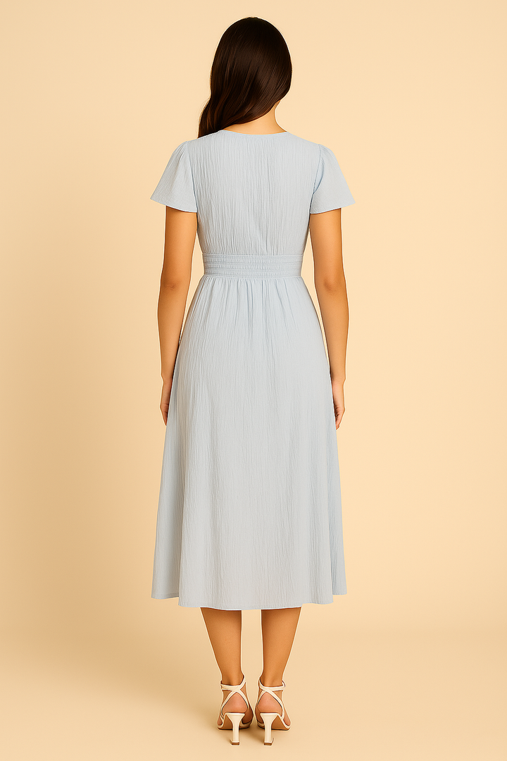 Festliches Damen Maxikleid mit Puffärmeln und Knopfleiste, perfekt für Frühling und Anlässe.