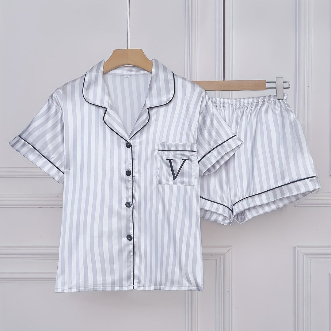 Hochwertiges Damen Kurzarm Schlafanzug Set mit Streifen, weich & langlebig; ein eleganter und bequemer Pyjama.