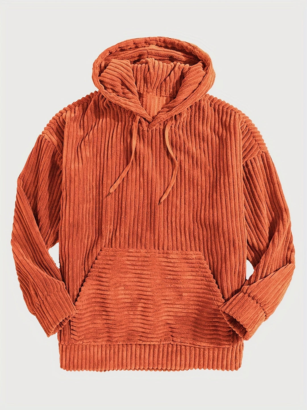 Bequemer Unisex Kapuzenpullover mit Kordelzug, Rippstrick-Details und großer Kängurutasche in Schwarz.