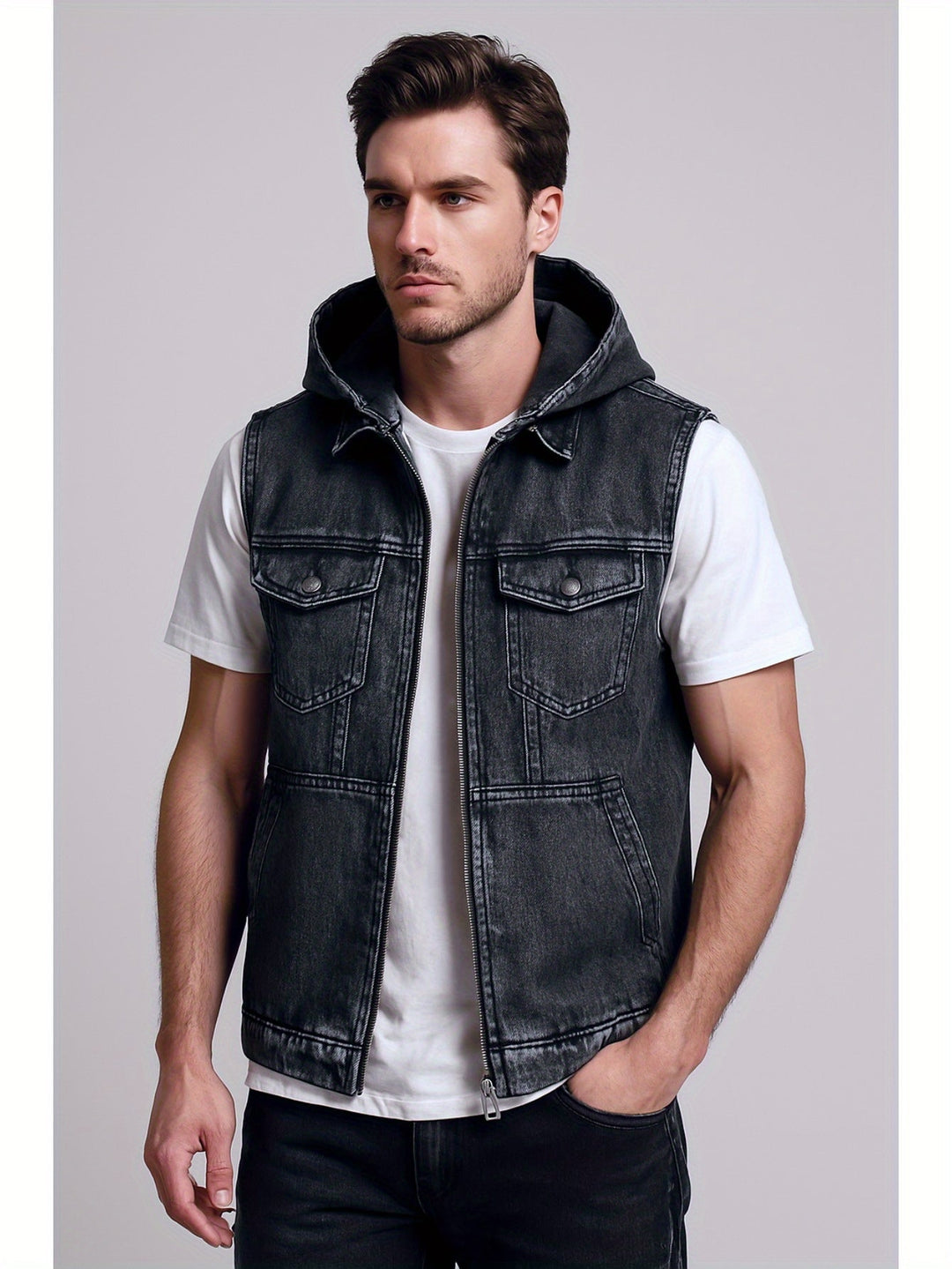 Lässige Herren Denimweste mit Kapuze. Ärmellose Jeansjacke ohne Ärmel für Streetwear & Alltag.
