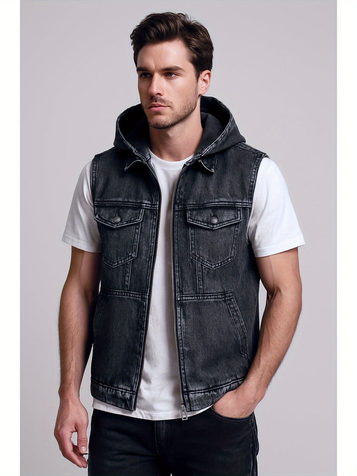 Lässige Herren Denimweste mit Kapuze. Ärmellose Jeansjacke ohne Ärmel für Streetwear & Alltag.