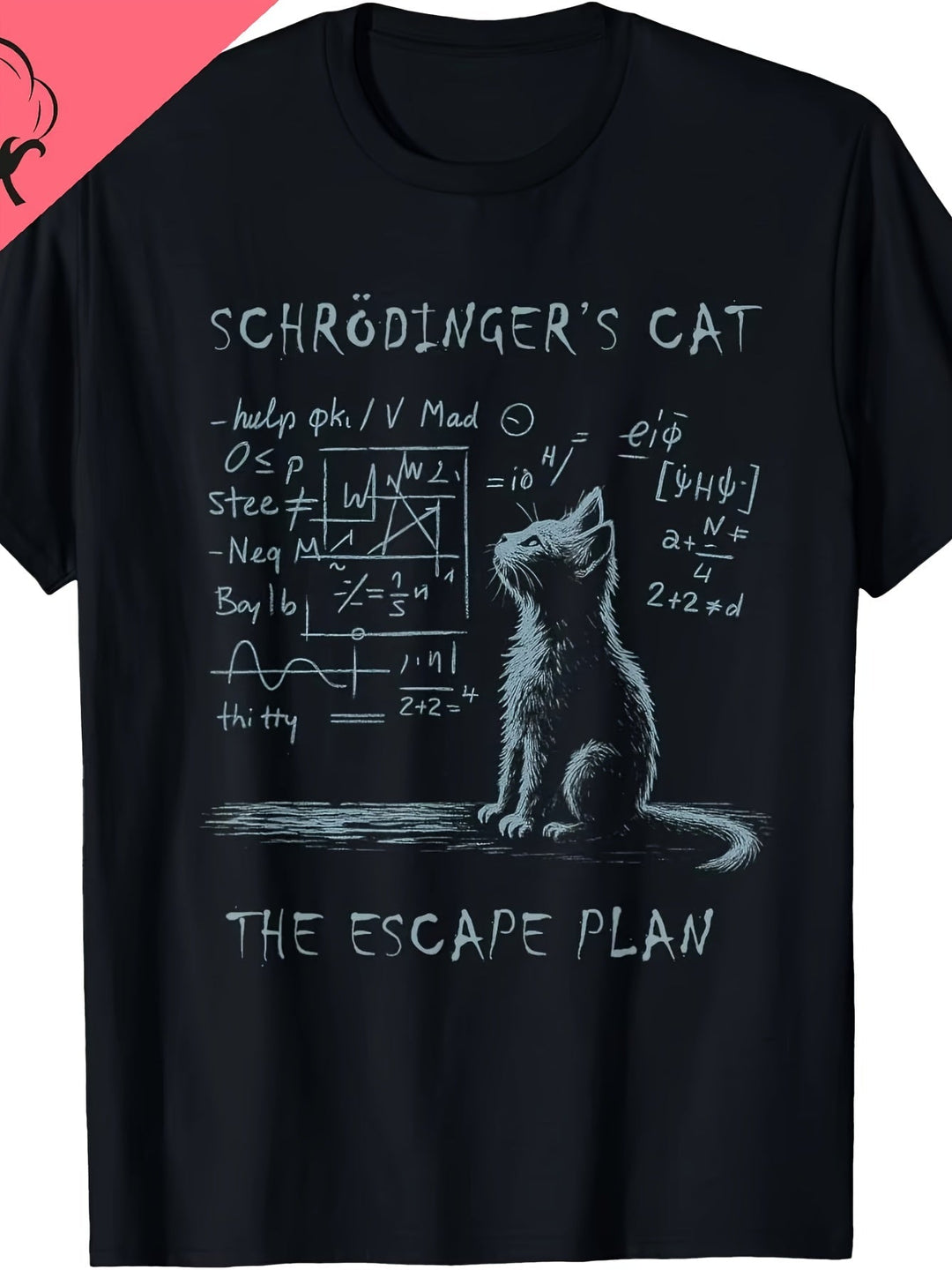 Nerdiges Herren T-Shirt, Schwarz, mit Quantenphysik-Humor und Schrödingers Katze Design.