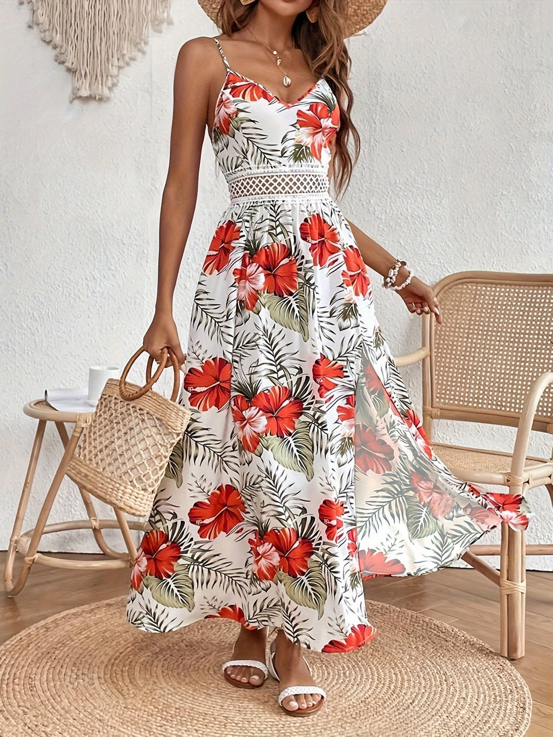 Elegantes Damen Maxikleid mit Blumenmuster & Spaghettiträgern, ideal für Sommer & Urlaub.