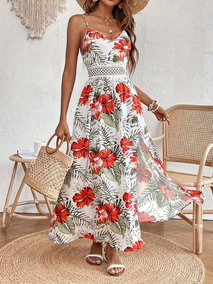 Elegantes Damen Maxikleid mit Blumenmuster & Spaghettiträgern, ideal für Sommer & Urlaub.