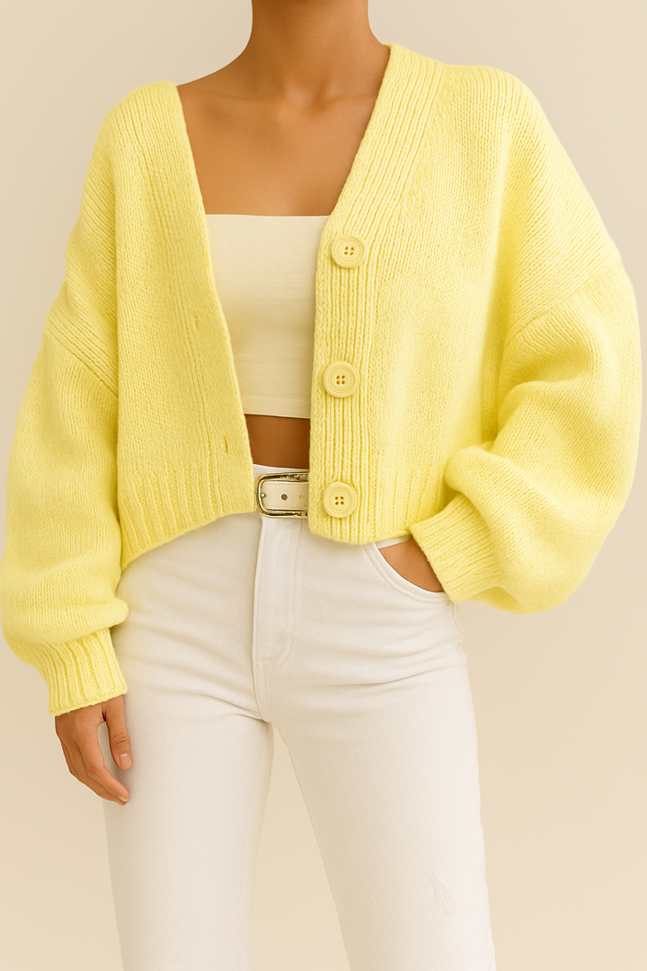 Damen Strick-Cardigan, kurz geschnitten, mit stilvollen Puffärmeln und femininem V-Ausschnitt für Herbstmode.