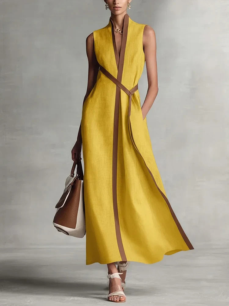 Fließendes Damen Maxikleid mit hohem Stehkragen, ideal als leichtes Sommerkleid oder elegantes Freizeitkleid.