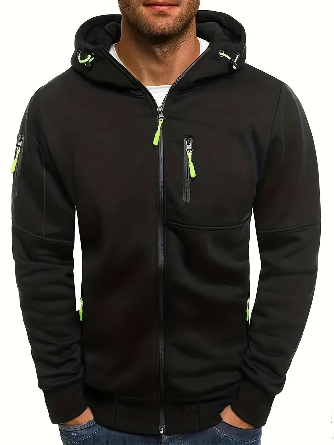 Praktische Herren Kapuzenjacke mit durchgehendem Reißverschluss. Stylischer Zip-Hoodie für Übergangszeiten.