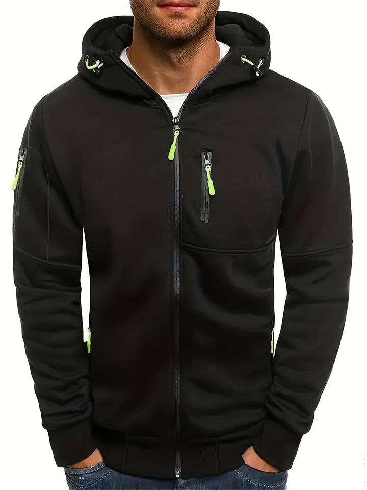 Praktische Herren Kapuzenjacke mit durchgehendem Reißverschluss. Stylischer Zip-Hoodie für Übergangszeiten.