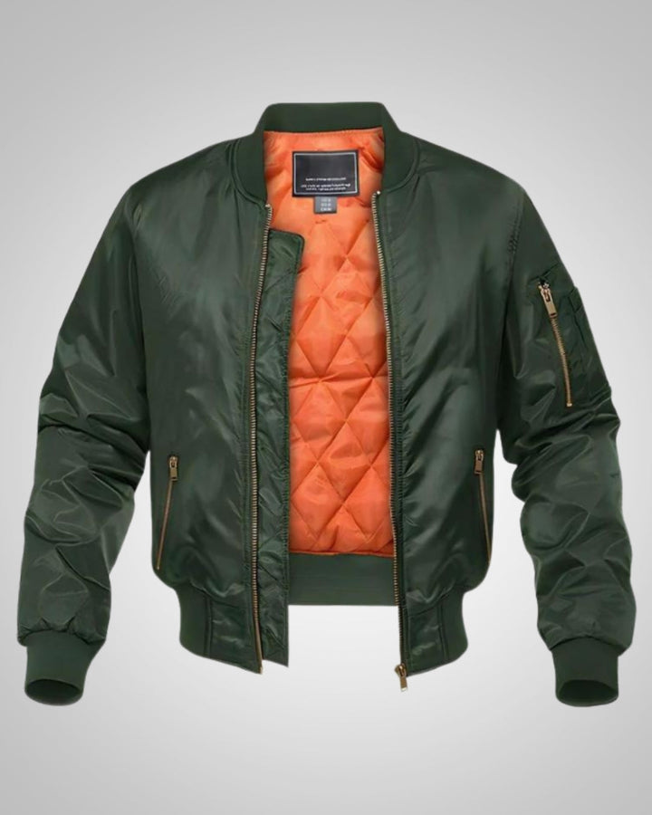 Vielseitige, gefütterte Herren Bomberjacke in Grün. Ideale Reissverschlussjacke für Winter & Freizeit.