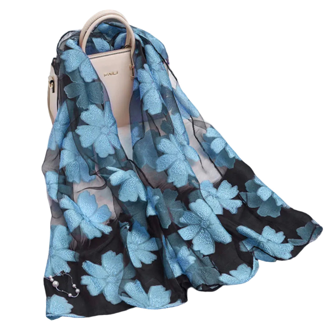Frühlingshafter Damenschal mit Blumenmuster & Cut-Outs, leichtes Tuch für Frauen.
