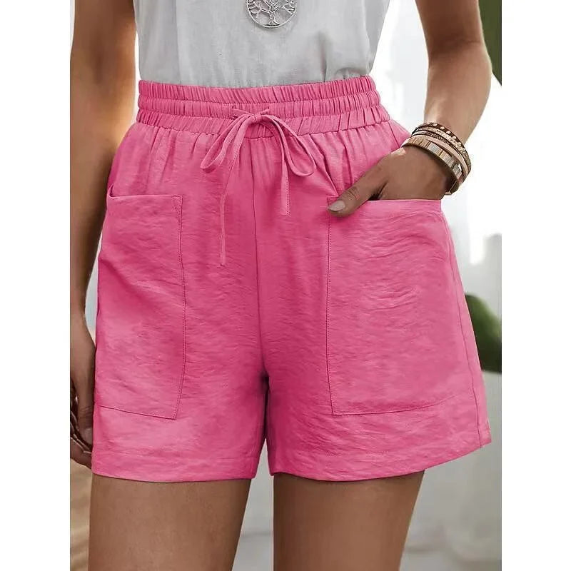 Elastische Damen High Waist Shorts, kurz geschnitten, ideal für komfortable Sommer-Freizeitlooks.