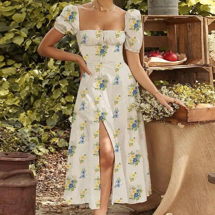 Figurfreundliches Damen Midikleid mit hoher Taille und floralem Print, stilvoll für festliche Anlässe.