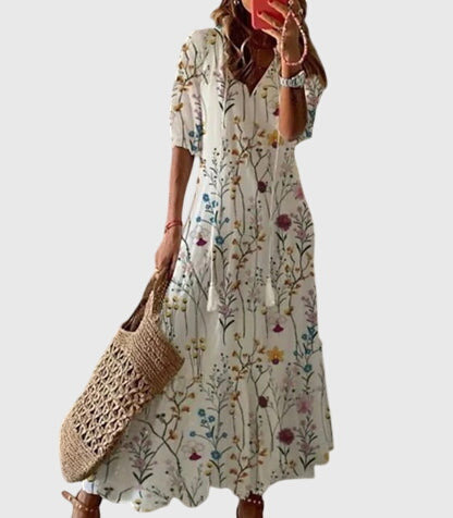 Damen Boho Vintage Sommerkleid in A-Linie mit V-Ausschnitt. Lässig, bequem & elegant für Freizeit.