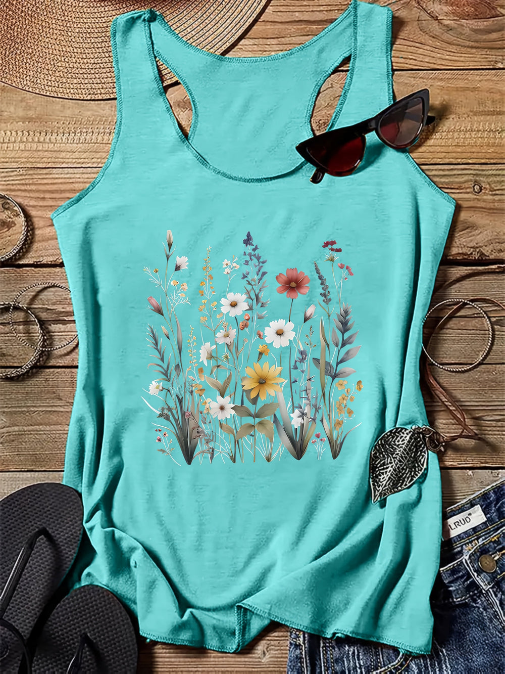 Ärmelloses Damen Freizeitshirt im Boho-Stil mit farbenfrohem Blumenprint, ideal für warme Sommertage.