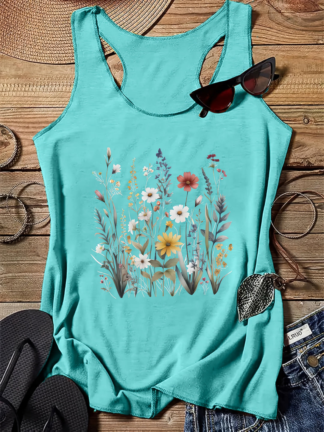 Ärmelloses Damen Freizeitshirt im Boho-Stil mit farbenfrohem Blumenprint, ideal für warme Sommertage.