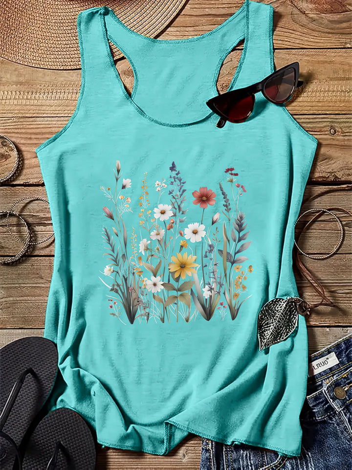 Ärmelloses Damen Freizeitshirt im Boho-Stil mit farbenfrohem Blumenprint, ideal für warme Sommertage.