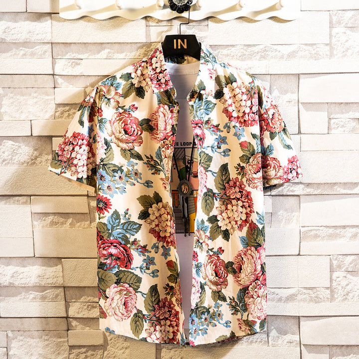 Modisches Herren Sommerhemd mit Blumenmuster, Kurzarm, Reverskragen, Slim Fit.