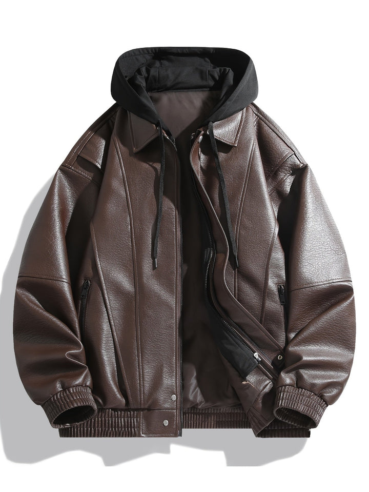 Lässige schwarze Herren Bomberjacke mit Kapuze. Stilvolle Übergangsjacke für Herrenmode, glattes Design.