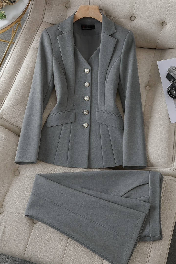 Hochwertiger Damenanzug, Blazer & Hose, Regular Fit, schick für Business & Abendveranstaltungen.