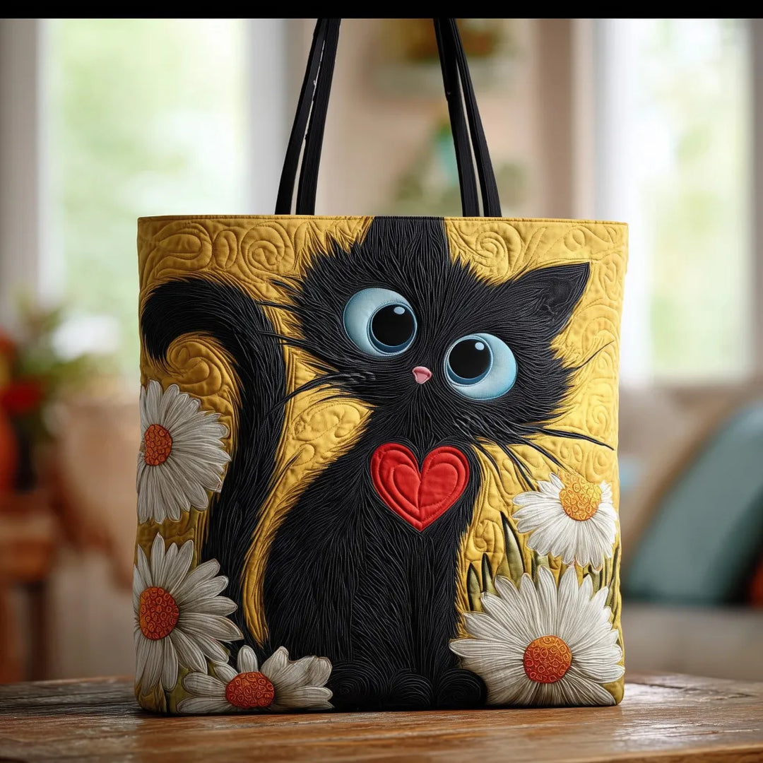 Damen handgefertigte schwarze Katzenhandtasche mit Herz & Margeriten, gepolstert, aus Baumwoll-Polyester