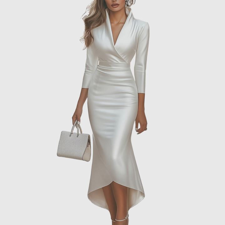 Festliches Wickelkleid für Damen in Weiß, elegantes Midi-Abendkleid mit fließendem Stoff für Feiern.