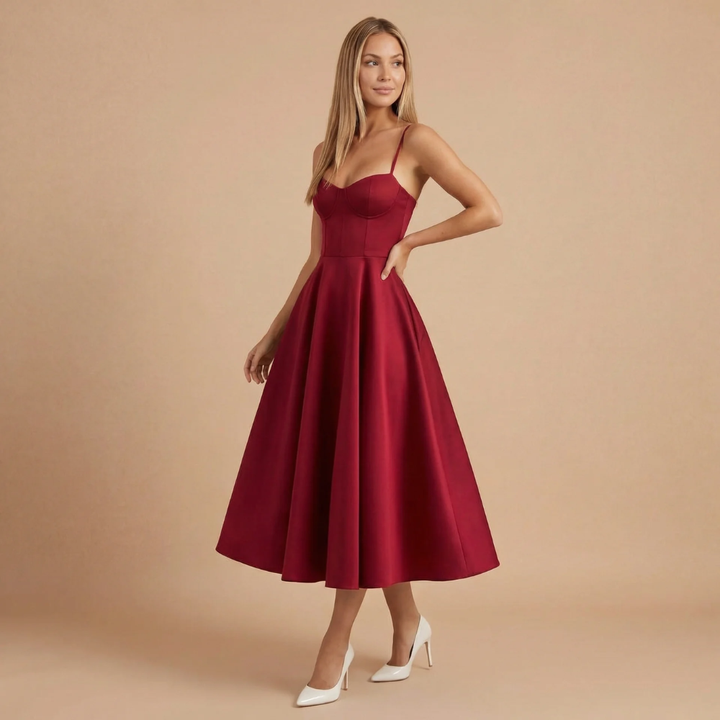 Damen A-Linien Midikleid mit elegantem Fall. Perfekt für formelle Anlässe und Hochzeitsfeiern.