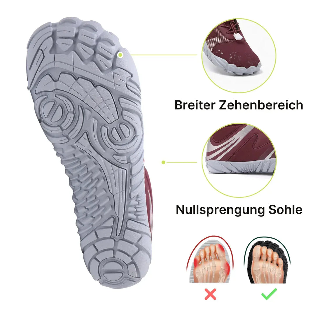 Rote, warme Unisex Barfuß-Winterschuhe, wasserabweisend & flexibel. Ideal für kalte Tage.