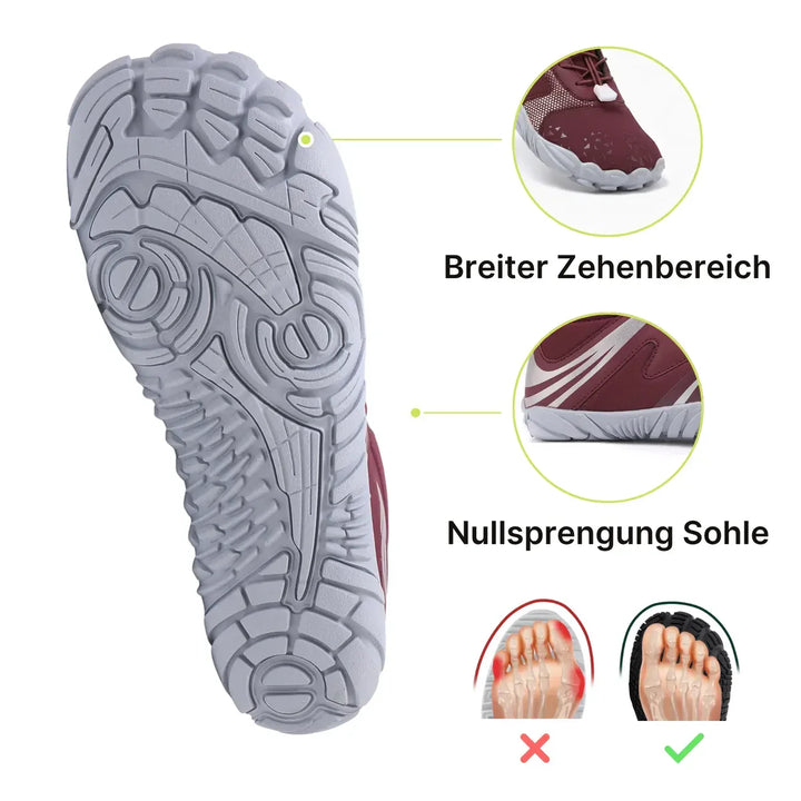 Rote, warme Unisex Barfuß-Winterschuhe, wasserabweisend & flexibel. Ideal für kalte Tage.