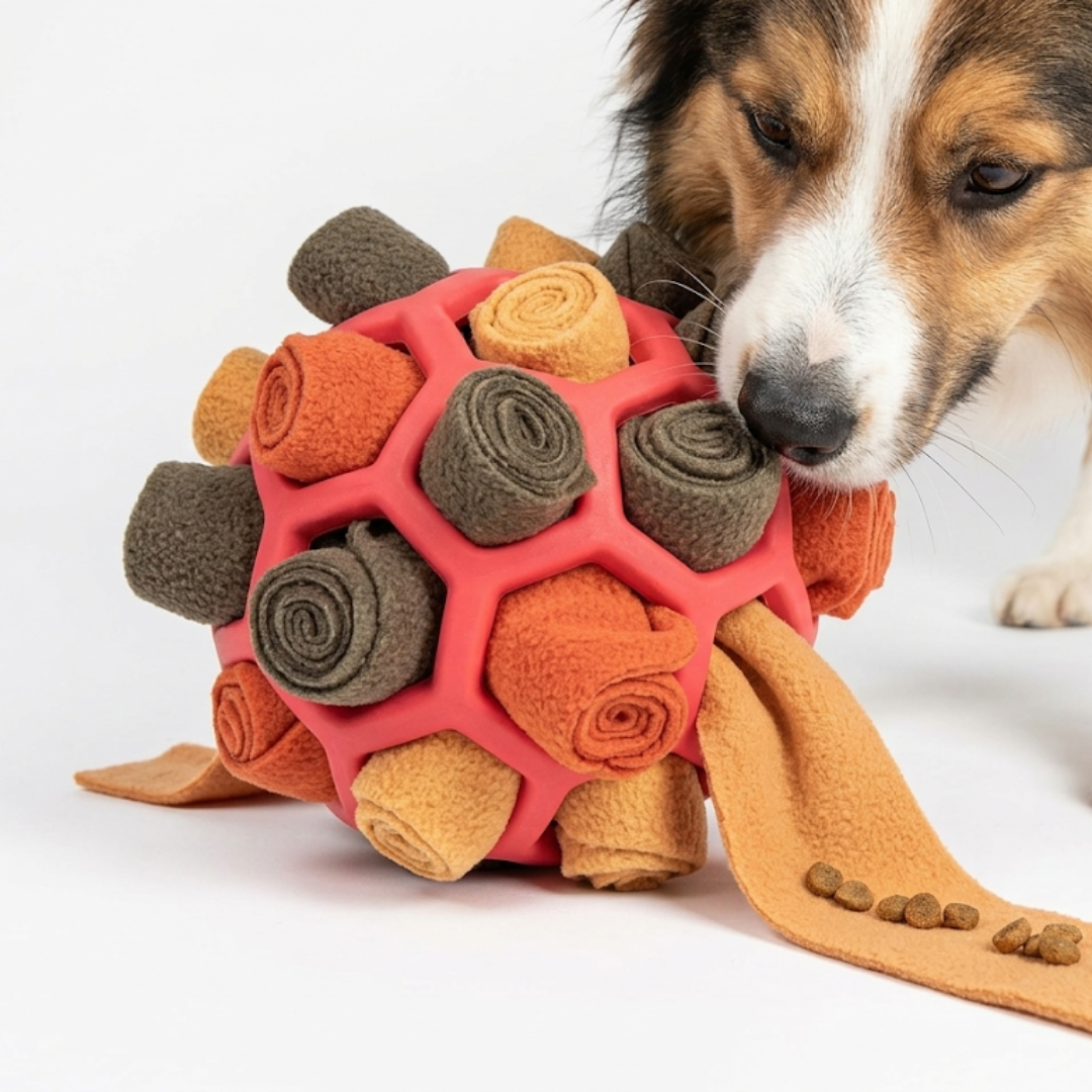 Schnüffelball aus weichem Material mit Riemen, geeignet als Hundezubehör & Wurfspielzeug.