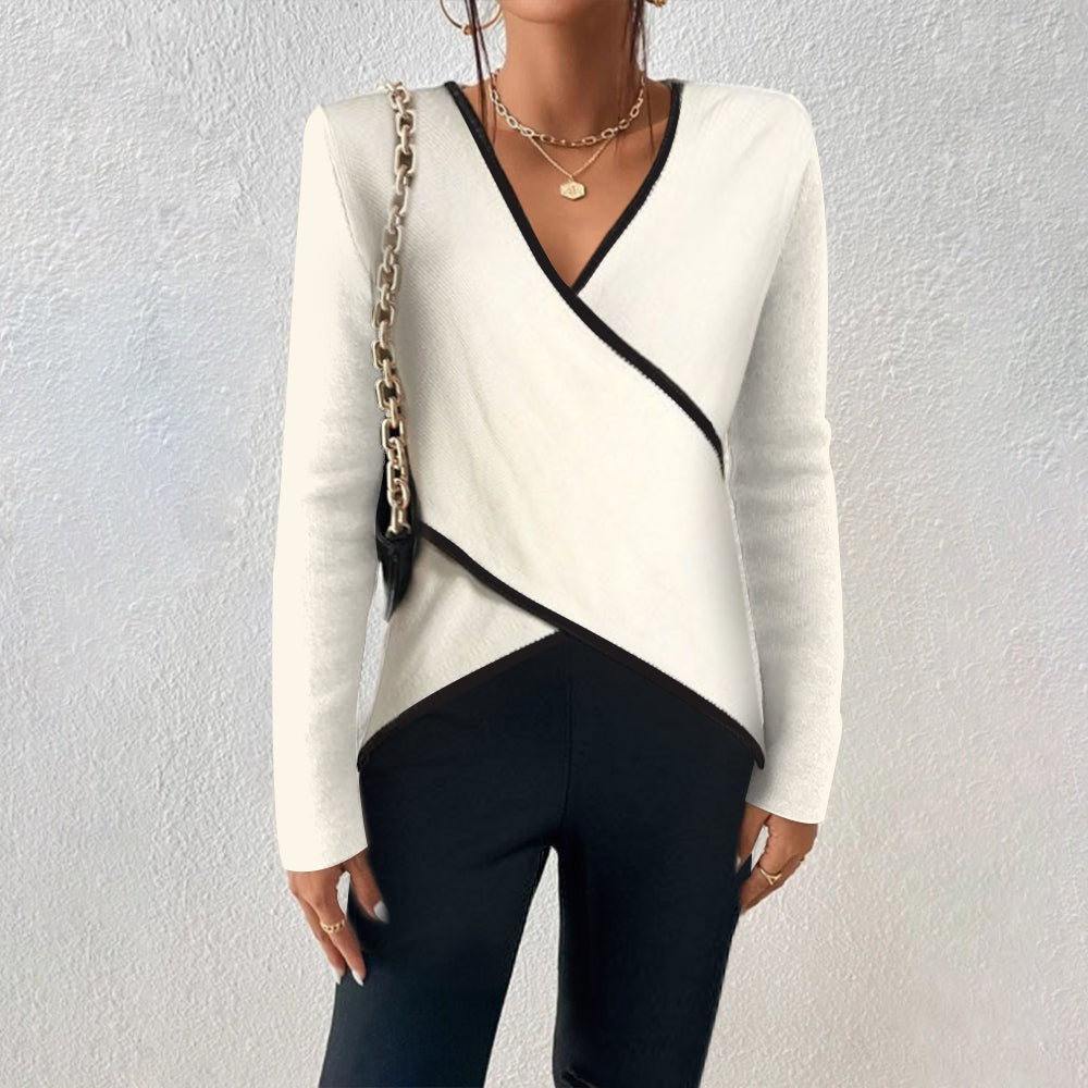Eleganter Damen Pullover mit schmeichelhaftem V-Ausschnitt und modischem Wickel-Design.