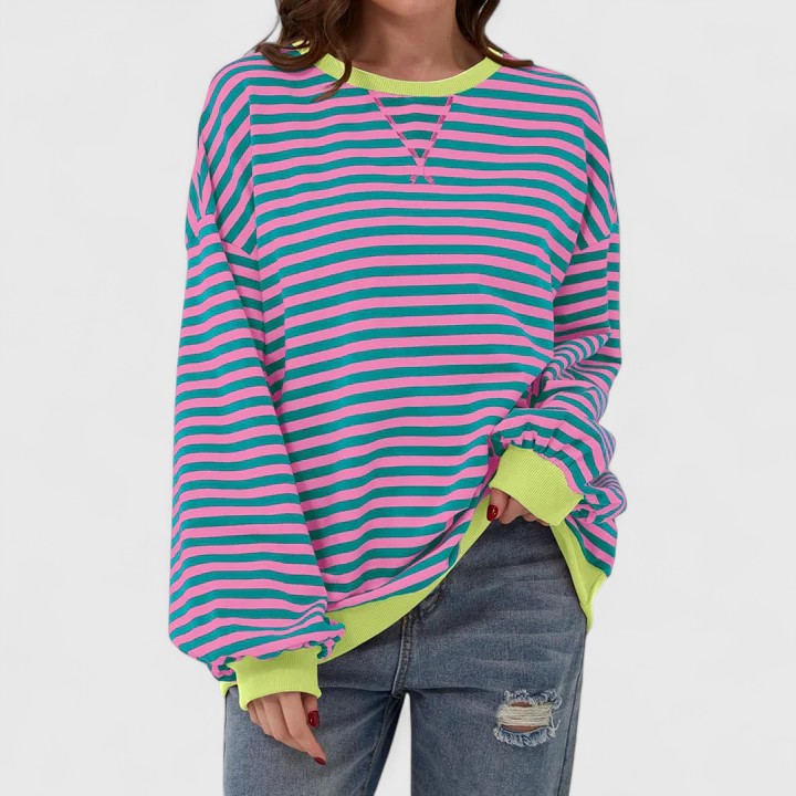 Stylischer Damen Streifenpullover mit lebhaftem Muster; modern & farbenfroh für Damenmode.