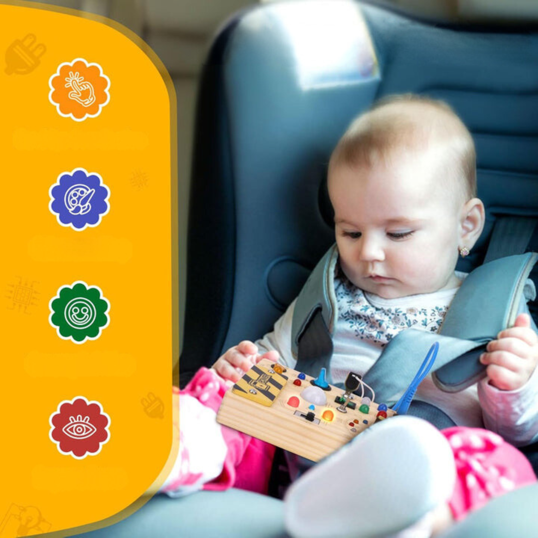 Sensorik-Spielzeug aus Holz. Montessori Aktivitätsbrett mit 8 LED-Tasten für taktile und visuelle Wahrnehmung von Kindern.