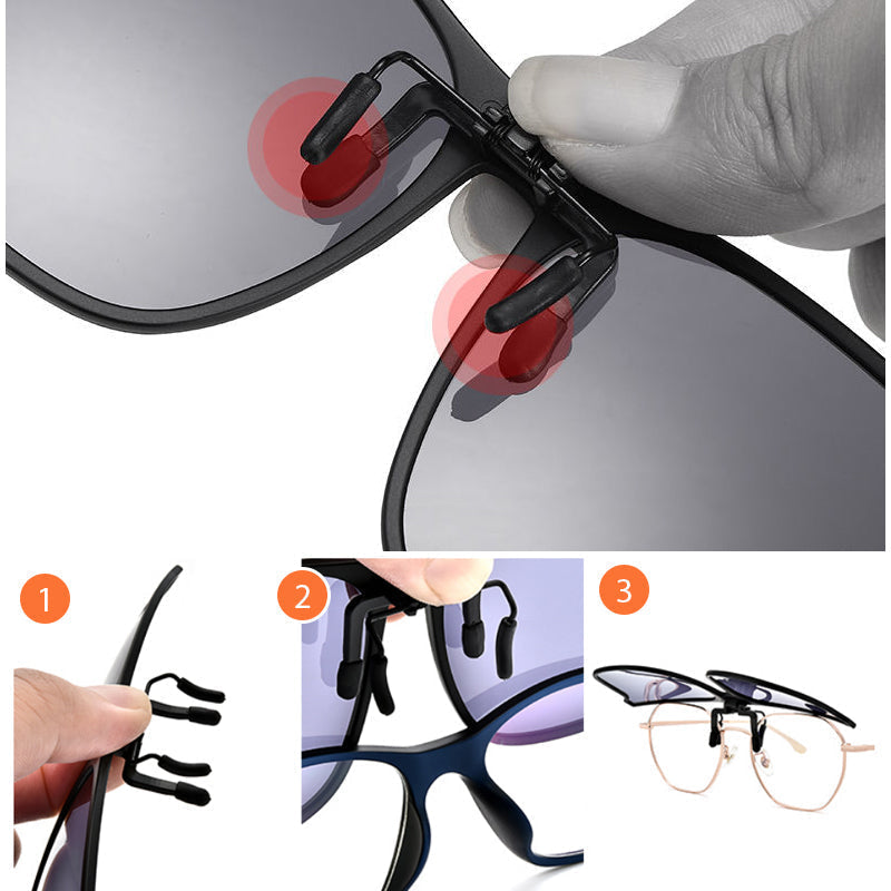 Polarisierender Sonnenbrillen-Clip für Brillenträger; effektiver UV400 Blendschutz für die Augen.