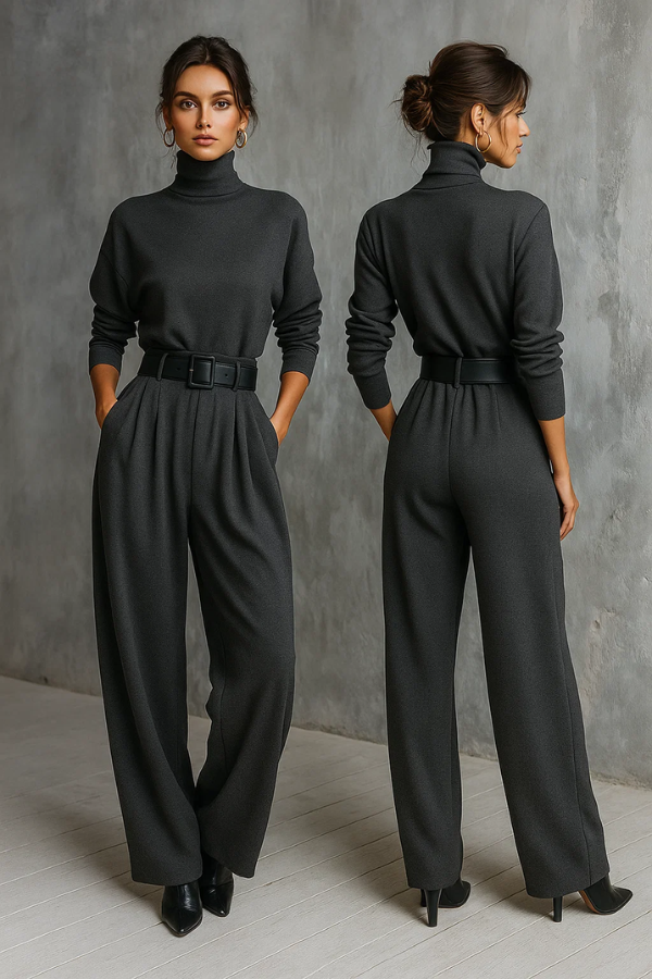 Schwarzer Damen Jumpsuit mit Gürtel, hohem Hals und weitem Bein. Lockerer Schnitt für stilvolle Abendmode.