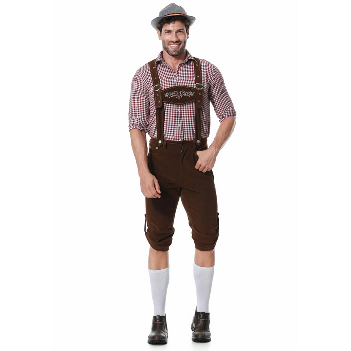 Authentisches bayerisches Herren Trachten-Set. Traditionelle Lederhose, festliches Hemd & passende Krawatte.