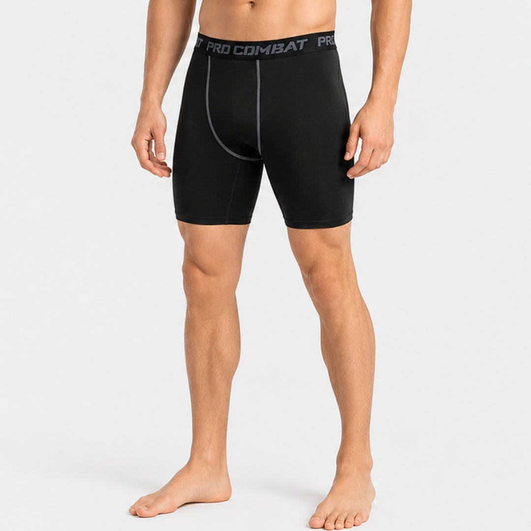 Schwarze Comprevex Kompressionsshorts für Herren, unterstützt Muskeln beim Sport, dehnbar, figurbetont.