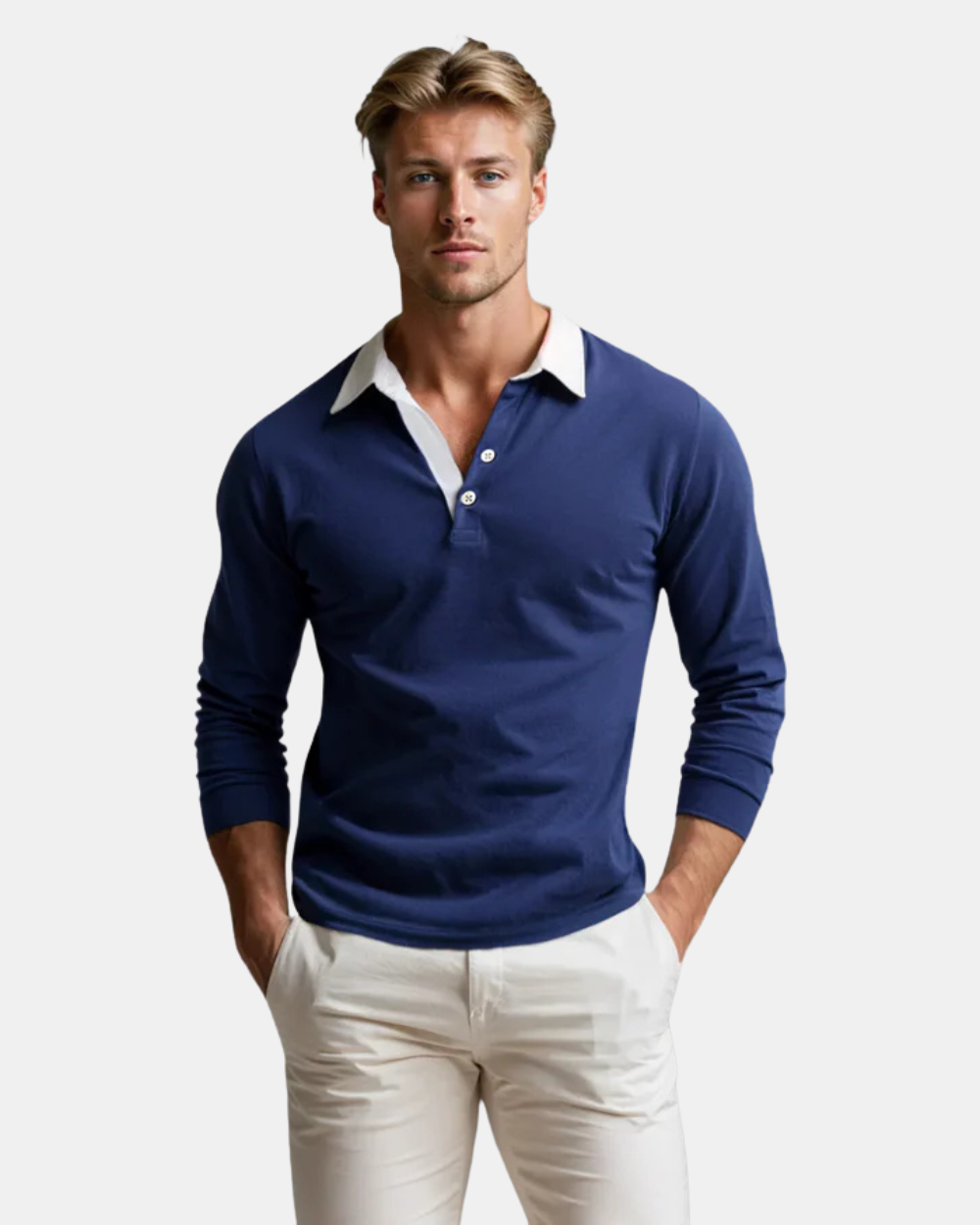 Nahaufnahme des Kragens vom Herren Langarm Poloshirt. Hochwertiges, bequemes Material für elegantes Freizeit-Layering.