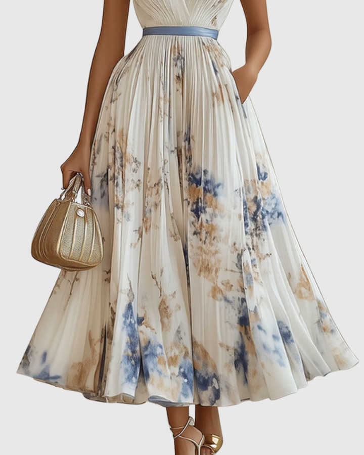 Langes Damen Plisseekleid mit elegantem V-Ausschnitt und Langarm, perfekt als Abendkleid.