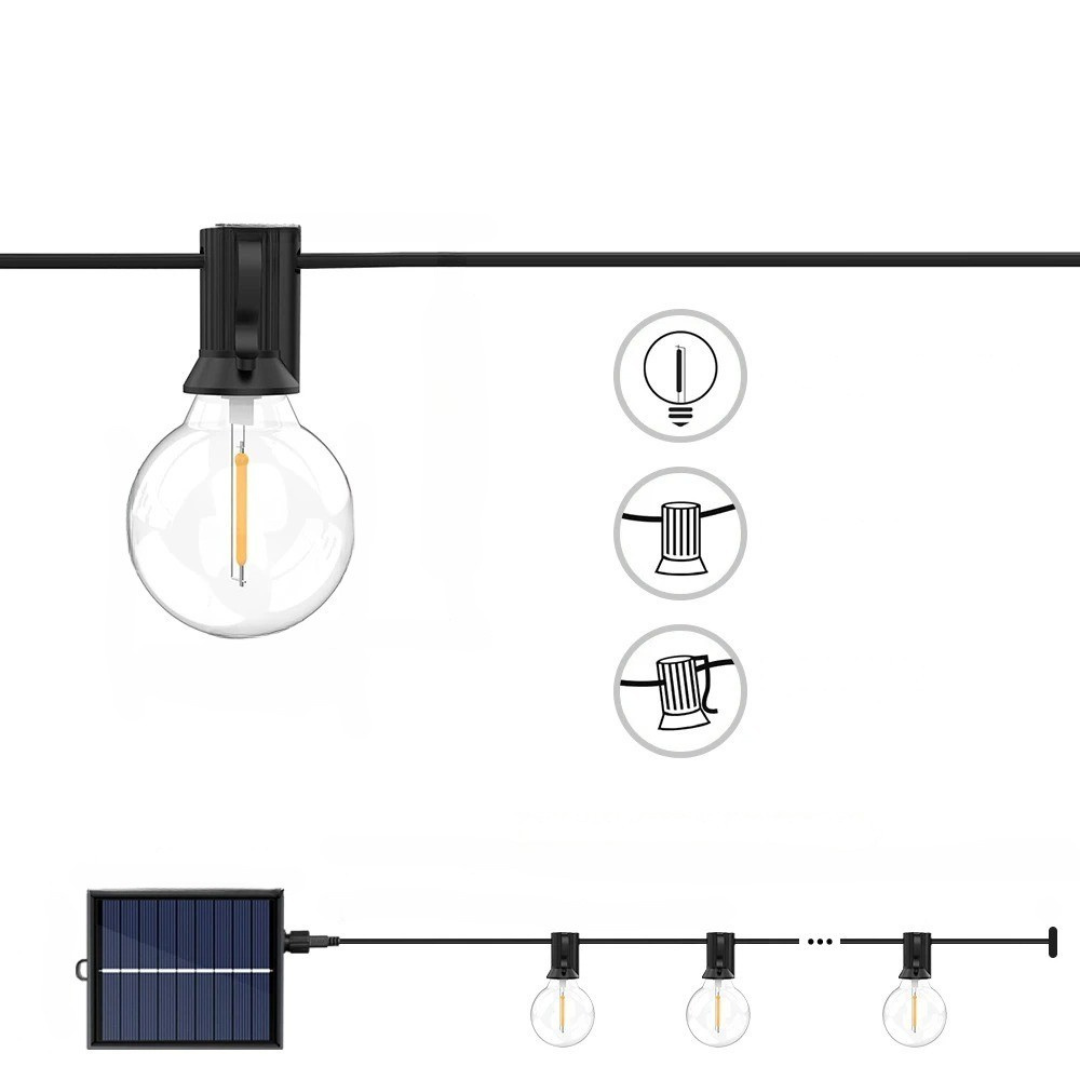 Moderne Outdoor-Solarlichterkette, dimmbar & bruchsicher. Schafft einladendes Ambiente für jede Gelegenheit.
