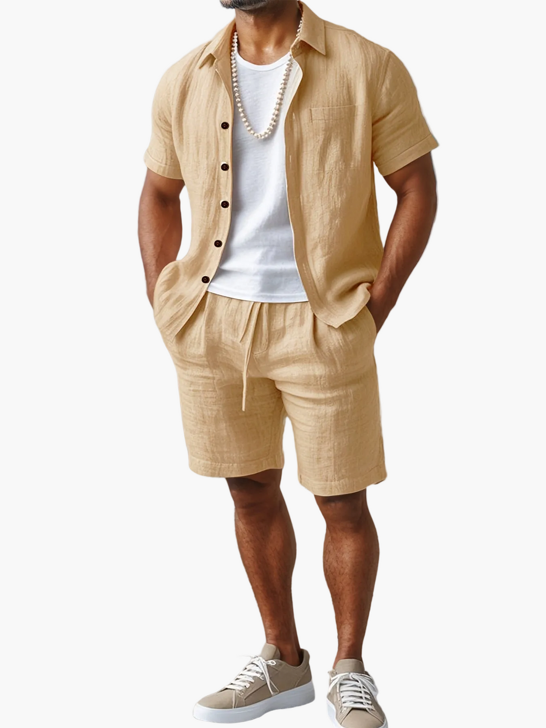 Herrenset Leinen-Look: Lässiges Kurzarmhemd & Shorts für warme Tage. Komfortable Sommermode.