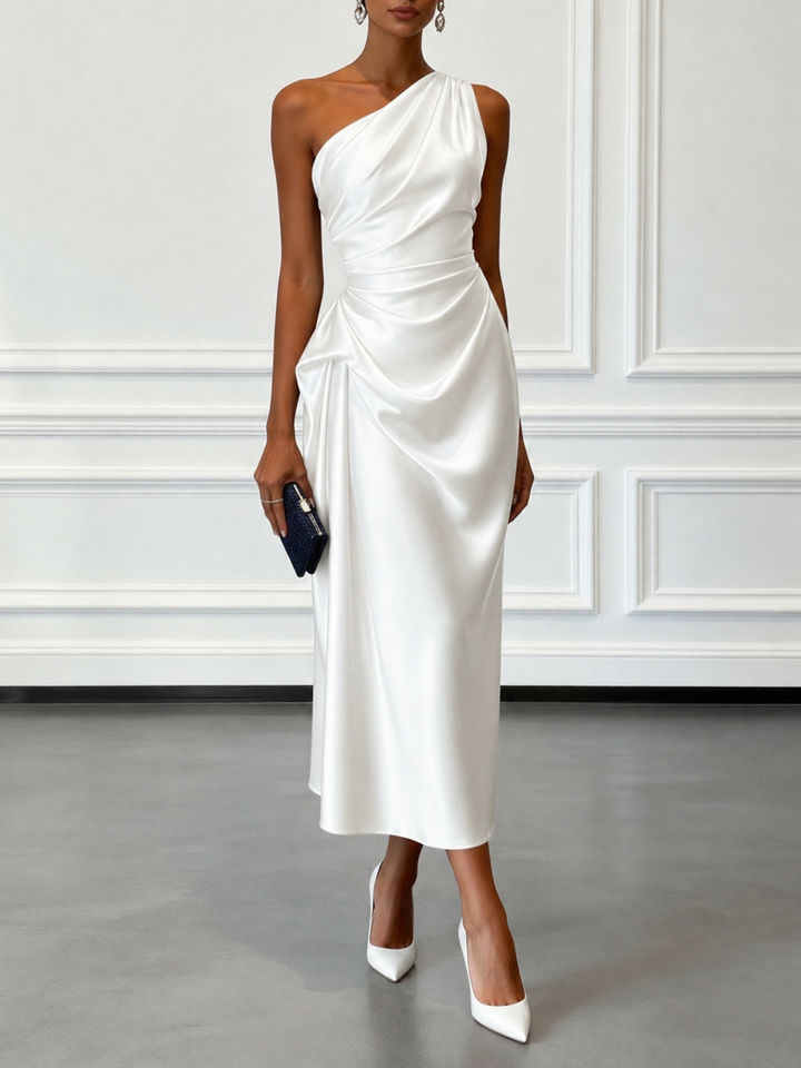 Vielseitiges Damen Rüschenkleid als Ein-Schulter Midikleid, elegantes Cocktailkleid für feminine Auftritte.