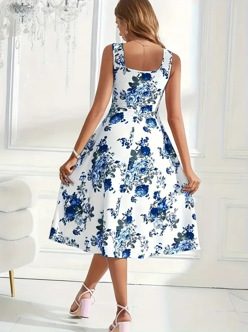 Ärmelloses Damen Sommerkleid, schmeichelnd geschnitten, mit lebhaftem Blumenprint.
