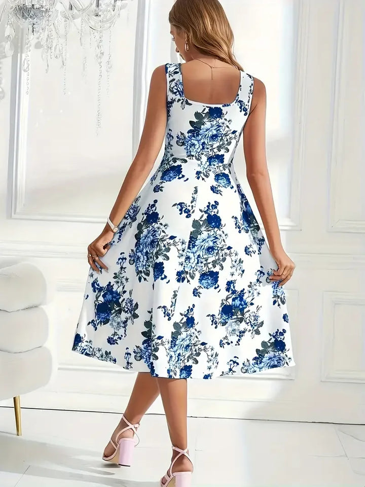 Ärmelloses Damen Sommerkleid, schmeichelnd geschnitten, mit lebhaftem Blumenprint.